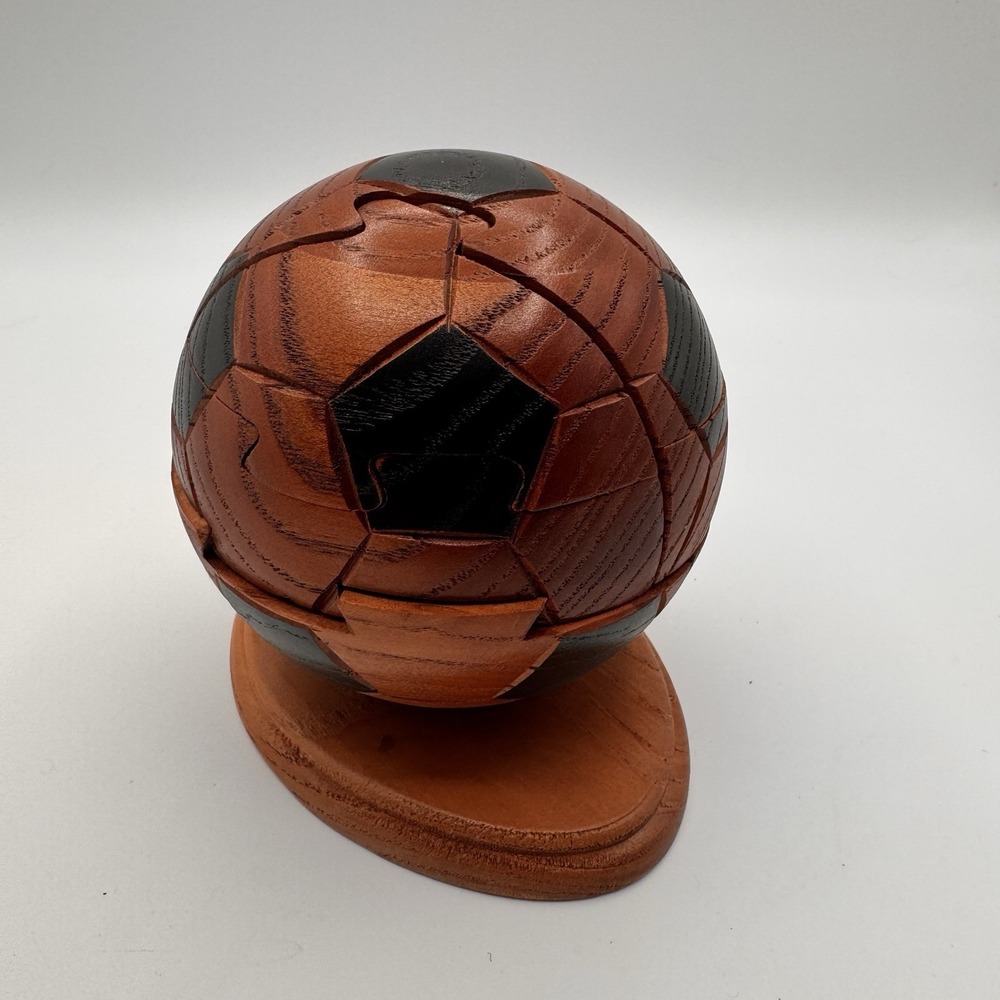 Vintage Hand Carved Wooden Soccer Ball Puzzle Desk Souvenir Art 4" w Stand